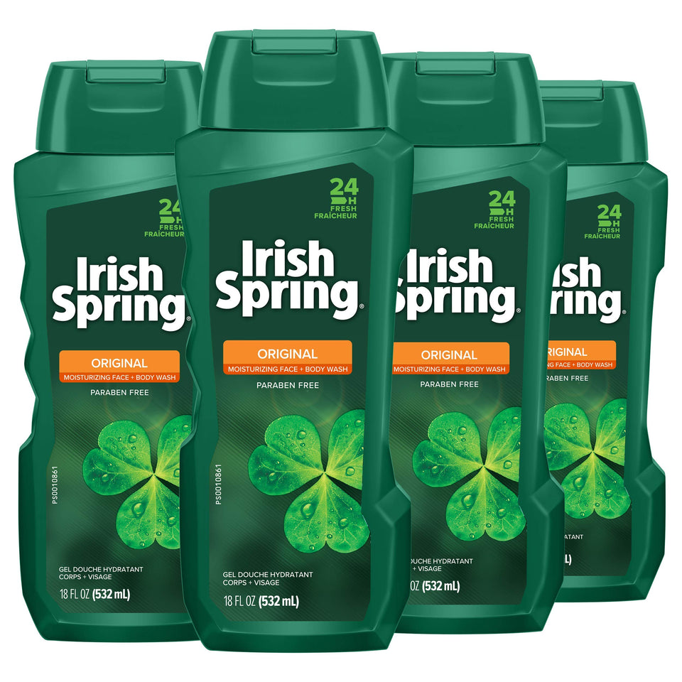 Colgate Irish Spring front packaging showing four bottles for value and freshness