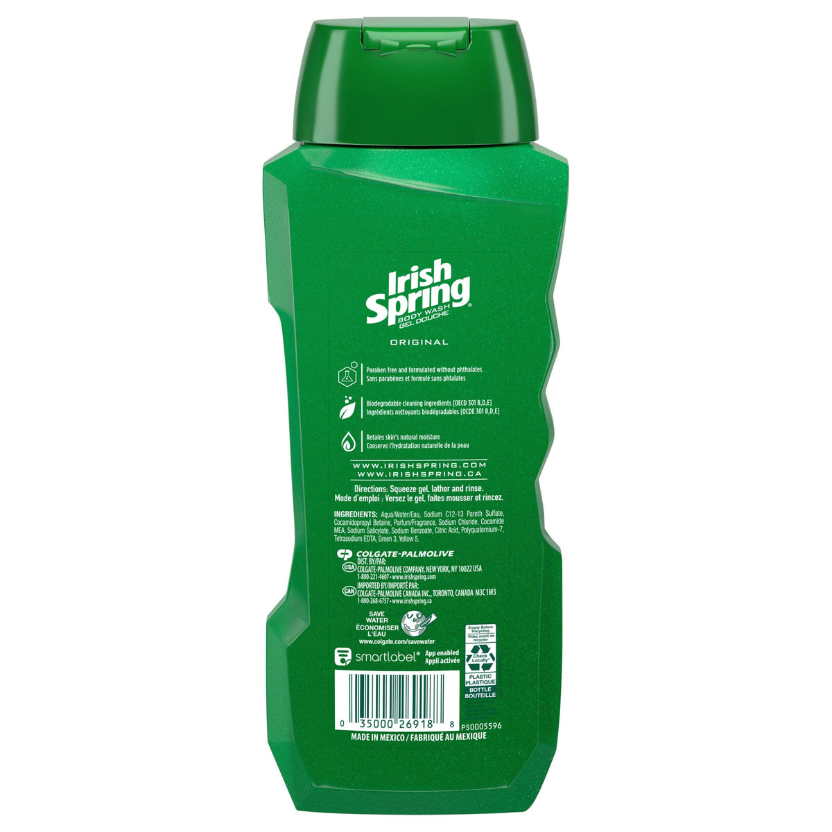 Colgate Irish Spring label and features view showing ingredients and claims