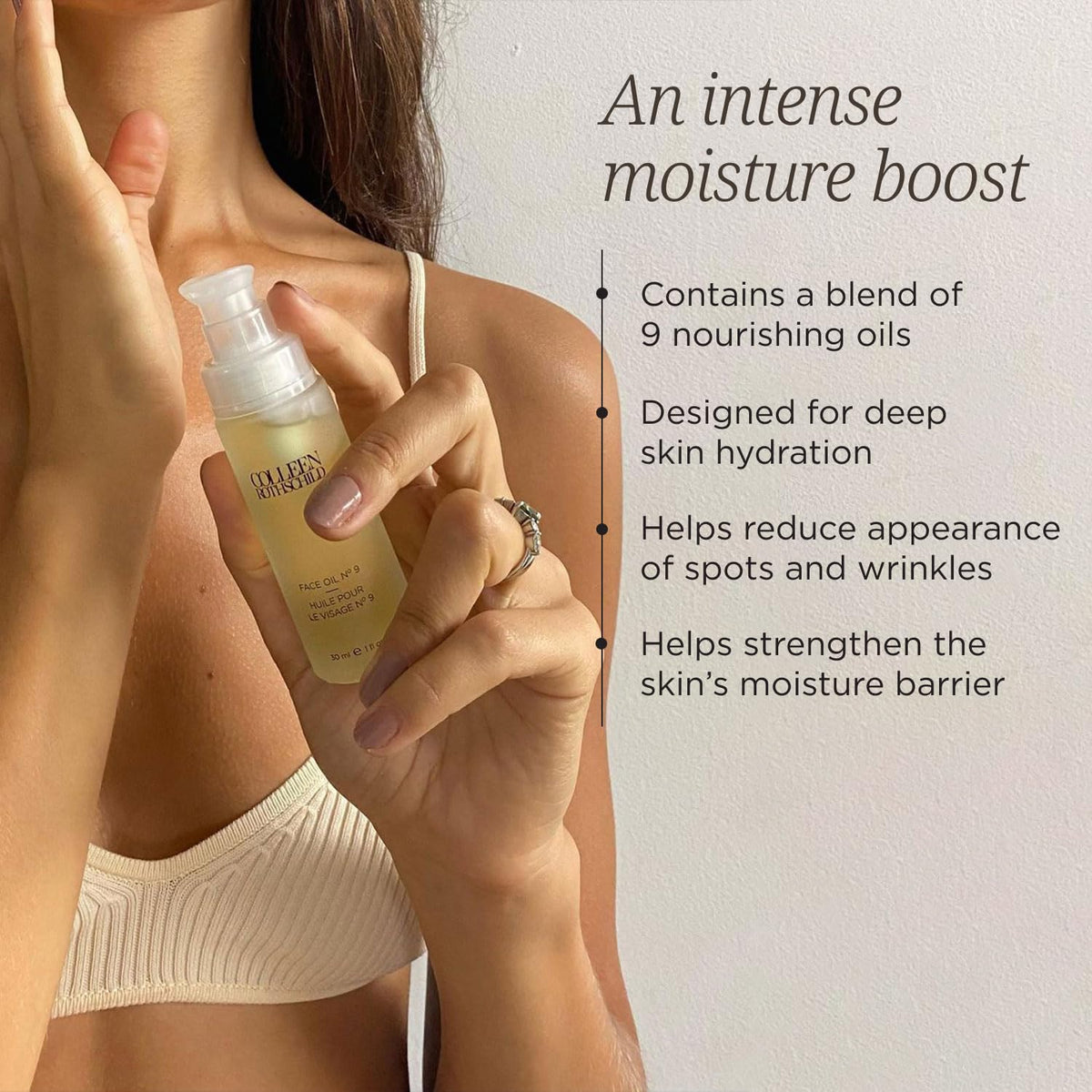 COLLEEN ROTHSCHILD bottle with key botanical oils conveying antioxidant nourishment