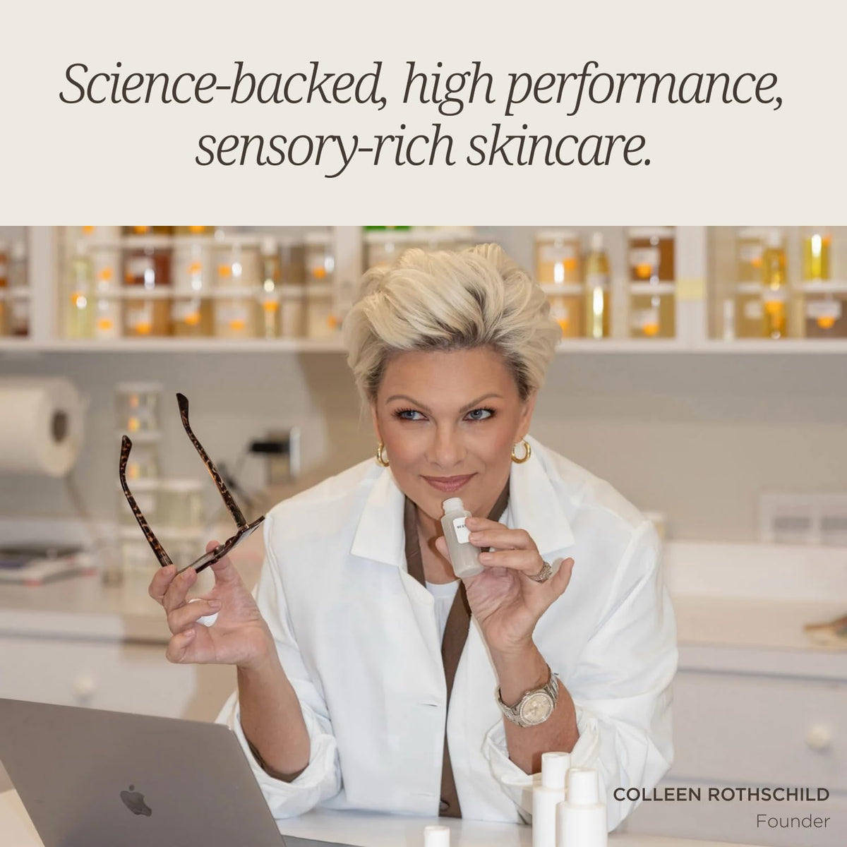 COLLEEN ROTHSCHILD bottle on vanity among skincare items illustrating daily routine use