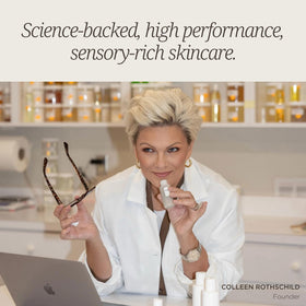COLLEEN ROTHSCHILD bottle on vanity among skincare items illustrating daily routine use