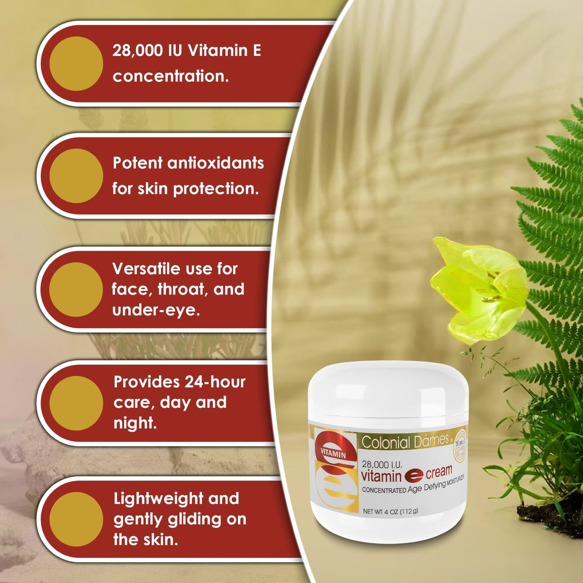 Colonial Dames ingredients visual with vitamin E oil droplet representing concentrated potency