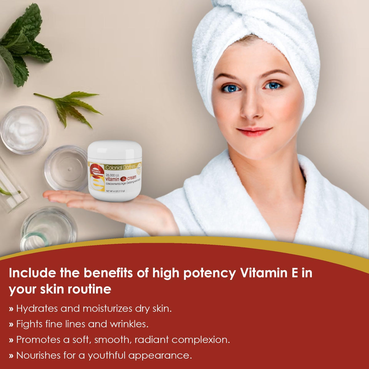 Colonial Dames potency seal and label close-up proving certified 28,000 IU vitamin E