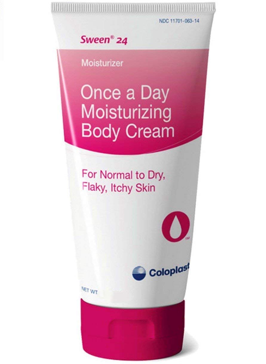 Coloplast Sween 24 front tube view showing label and 9 oz size, hydrates and protects skin