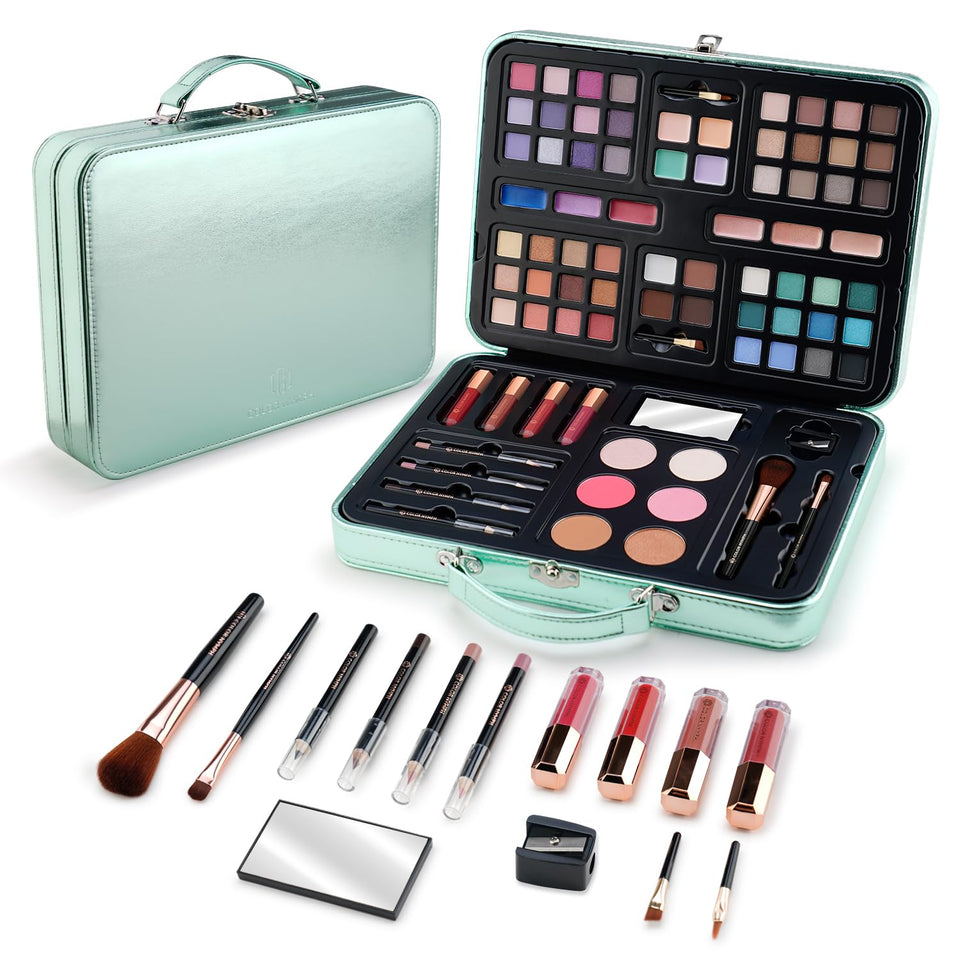 Color Nymph front view of open green case showing organized palettes and mirror, easy travel storage