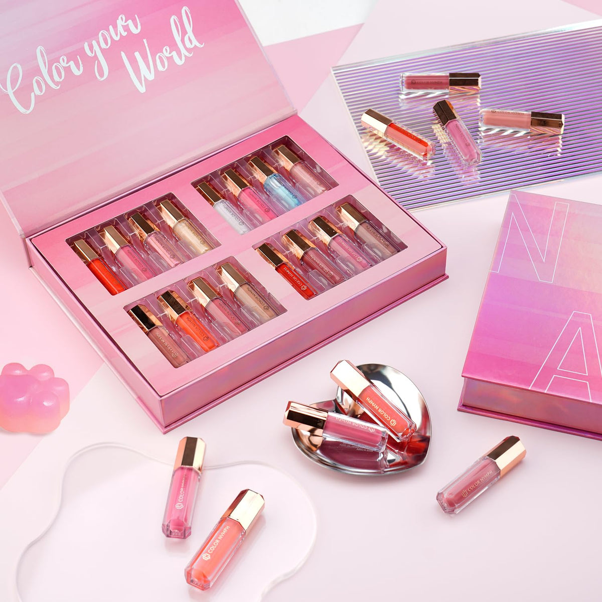 Color Nymph front packaging showing 16 glosses and elegant box, ideal gift