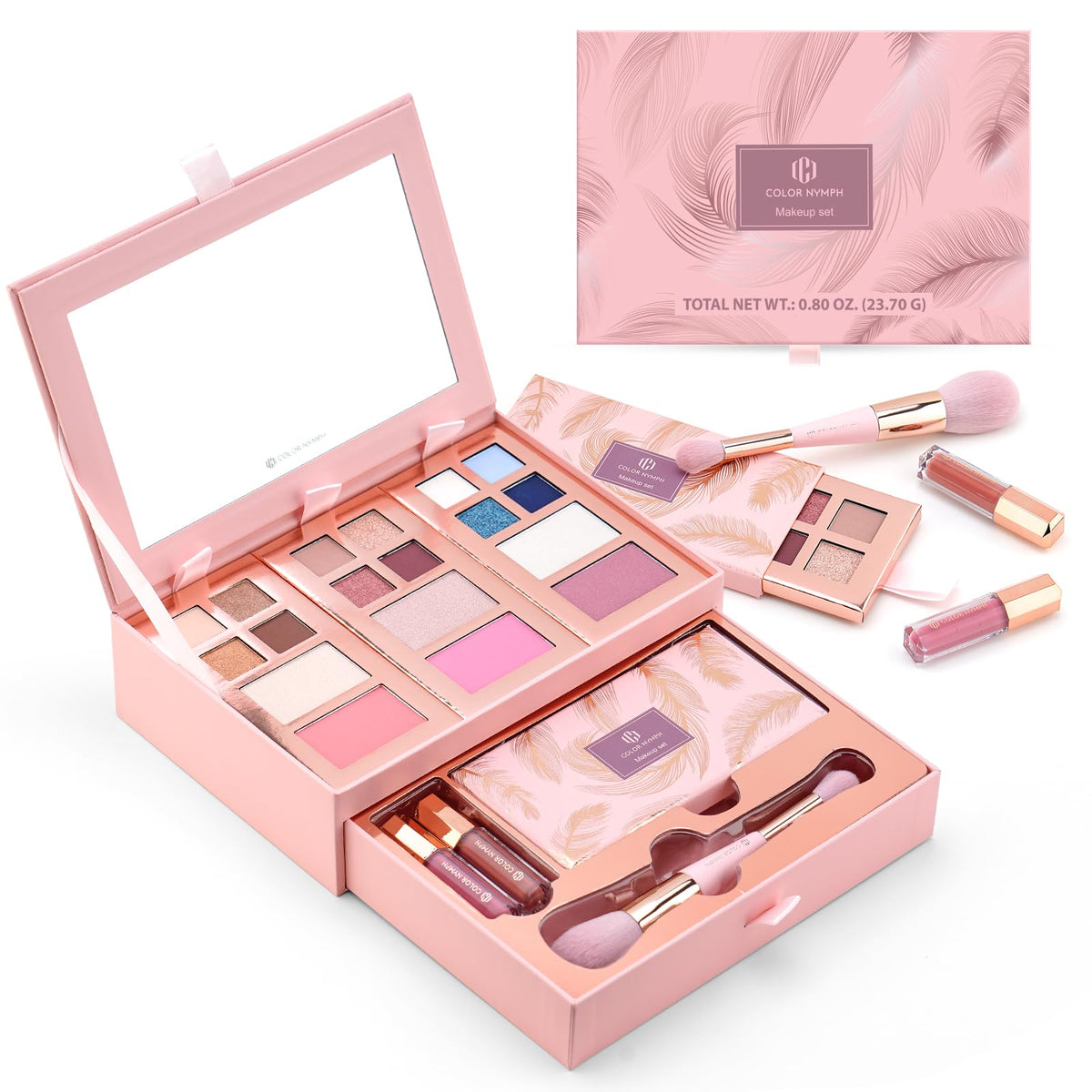 Color Nymph front packaging showing compact pink case and product variety benefit