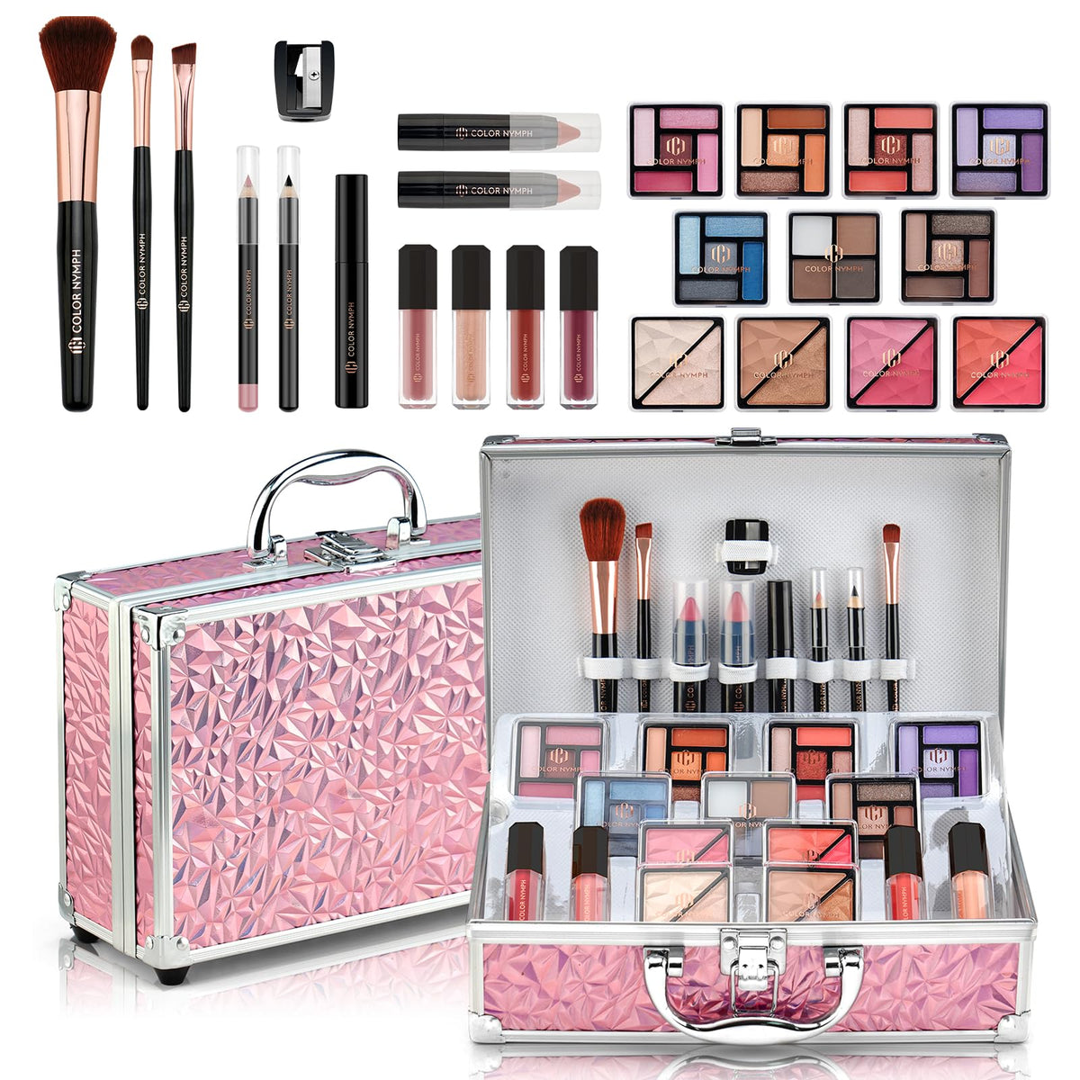 Color Nymph pink train case closed showing compact portability and neat storage