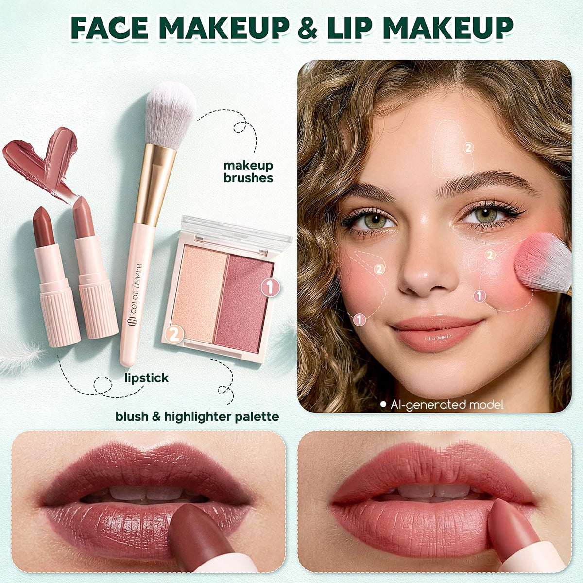 Color Nymph lipstick and blush pairing showing flattering color coordinate