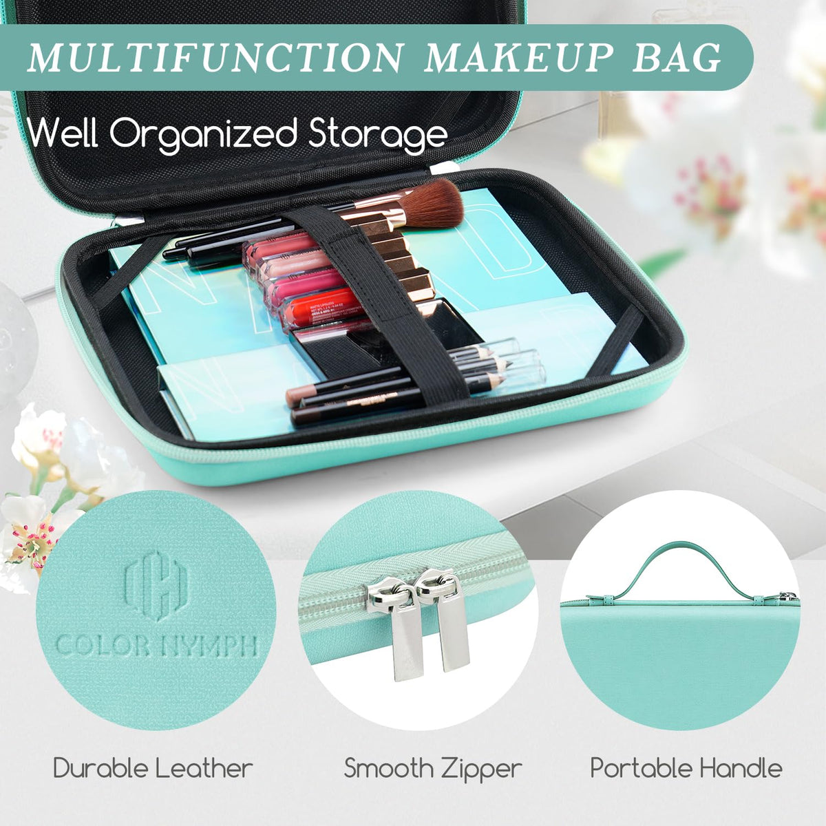 Color Nymph mint handbag opened with organized storage for portability