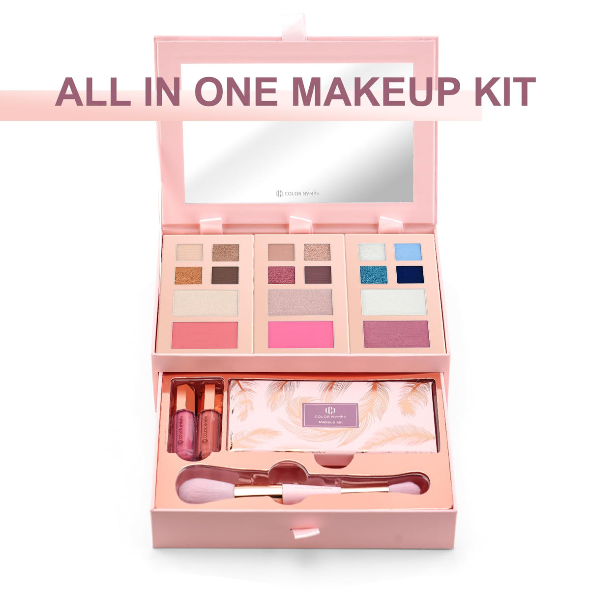 Color Nymph open mirror tray displaying organized compartments for quick touch-ups benefit