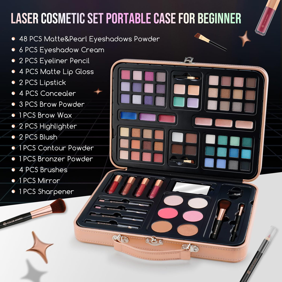 Color Nymph open palette showing eyeshadows and face shades for easy selection