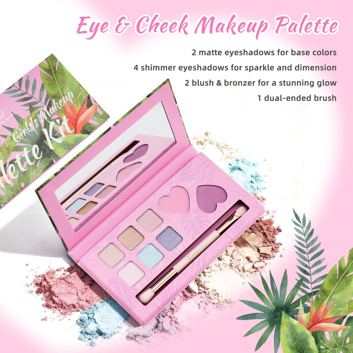 Color Nymph open palette top view displaying eight eyeshadows and two cheek shades for versatility