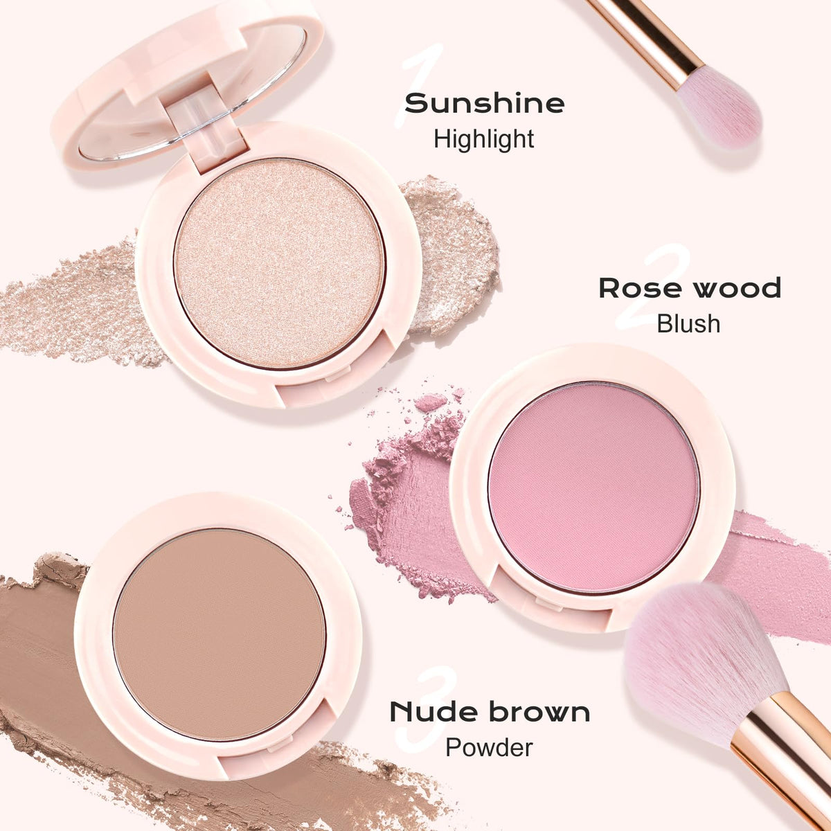 Color Nymph three shades top view showing coordinated contour blush highlighter