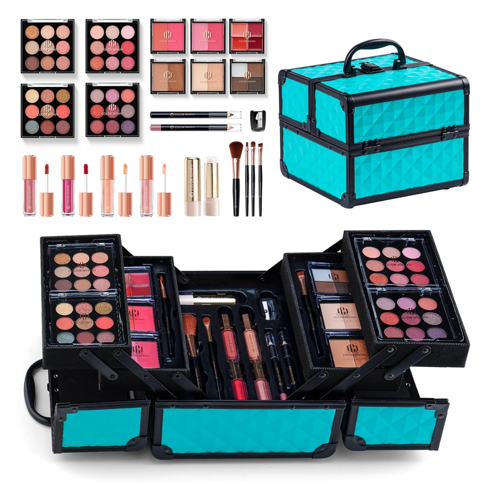 Color Nymph train case open showing full kit and organization benefit