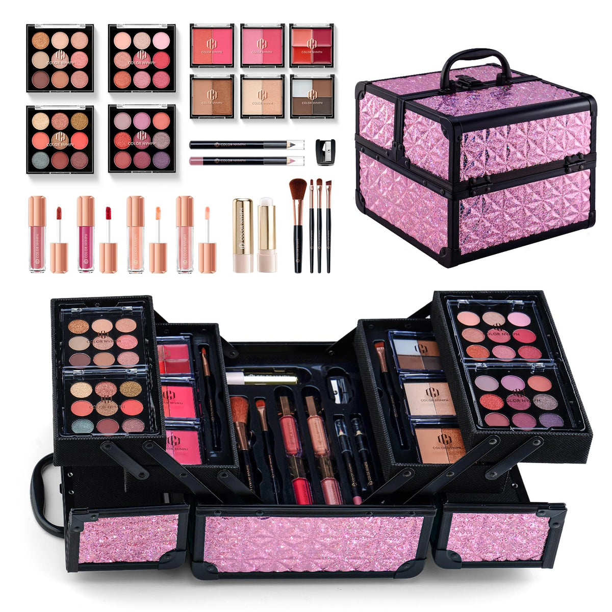 Color Nymph train case exterior showing compact travel-ready storage benefit