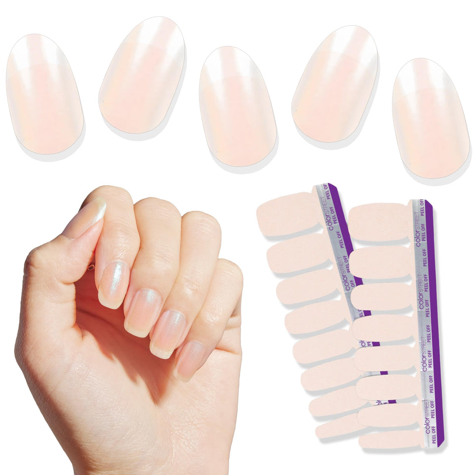 Color Street front packaging showing champagne blush shimmer and ice-blue glow benefits