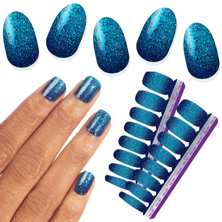 Color Street front packaging showing navy to cobalt ombre and glitter benefits