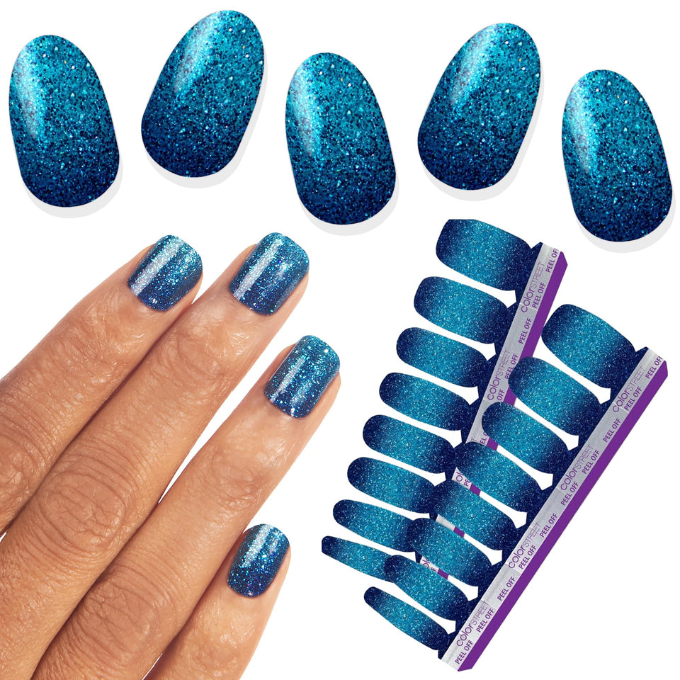 Color Street front packaging showing navy to cobalt ombre and glitter benefits
