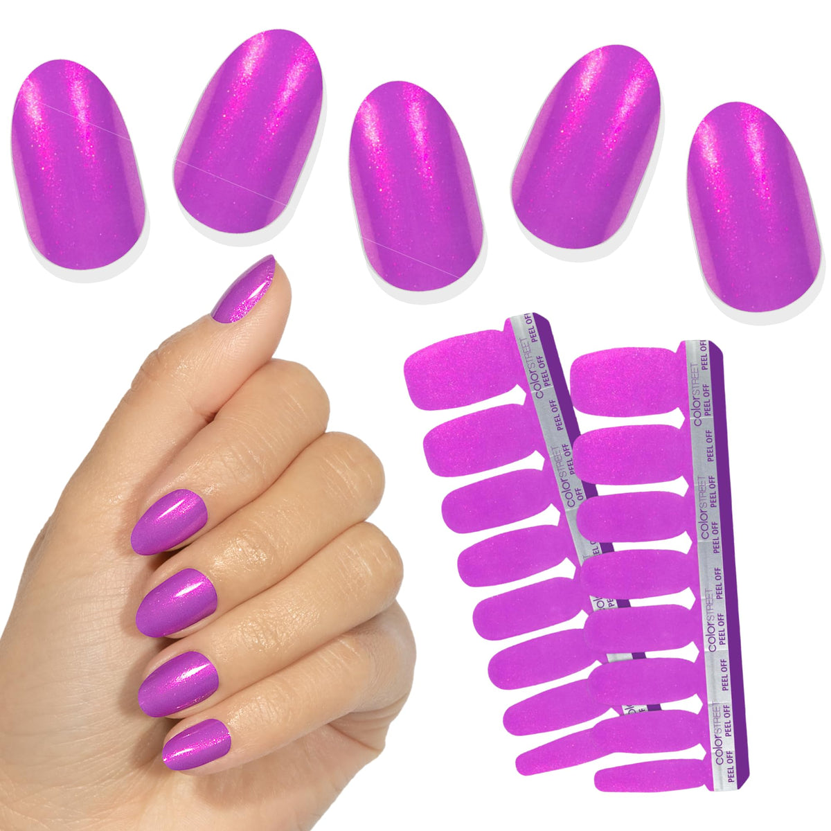 Color Street front packaging showing vibrant neon magenta-peach strips and product benefit