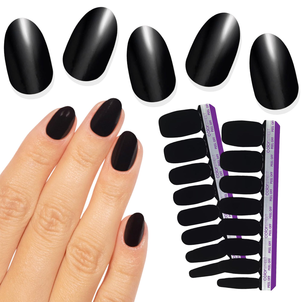 Color Street front packaging showing Midnight in Manhattan black creme and 16 strips for quick manicures