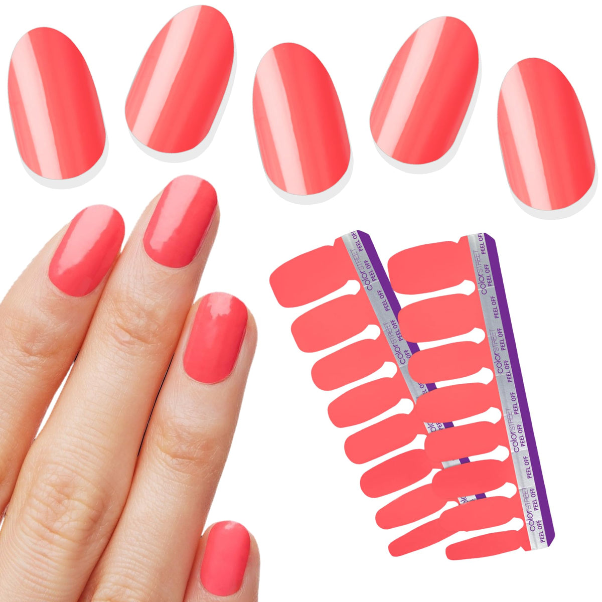 Color Street front packaging showing peach tea coral shade and kit contents benefit quick selection