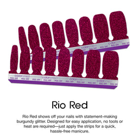 Color Street Rio Red nails on hands in lifestyle setting showing instant glamour