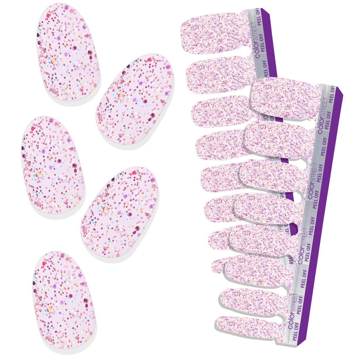 Color Street front packaging showing rosy pink glitter strips and branding benefits