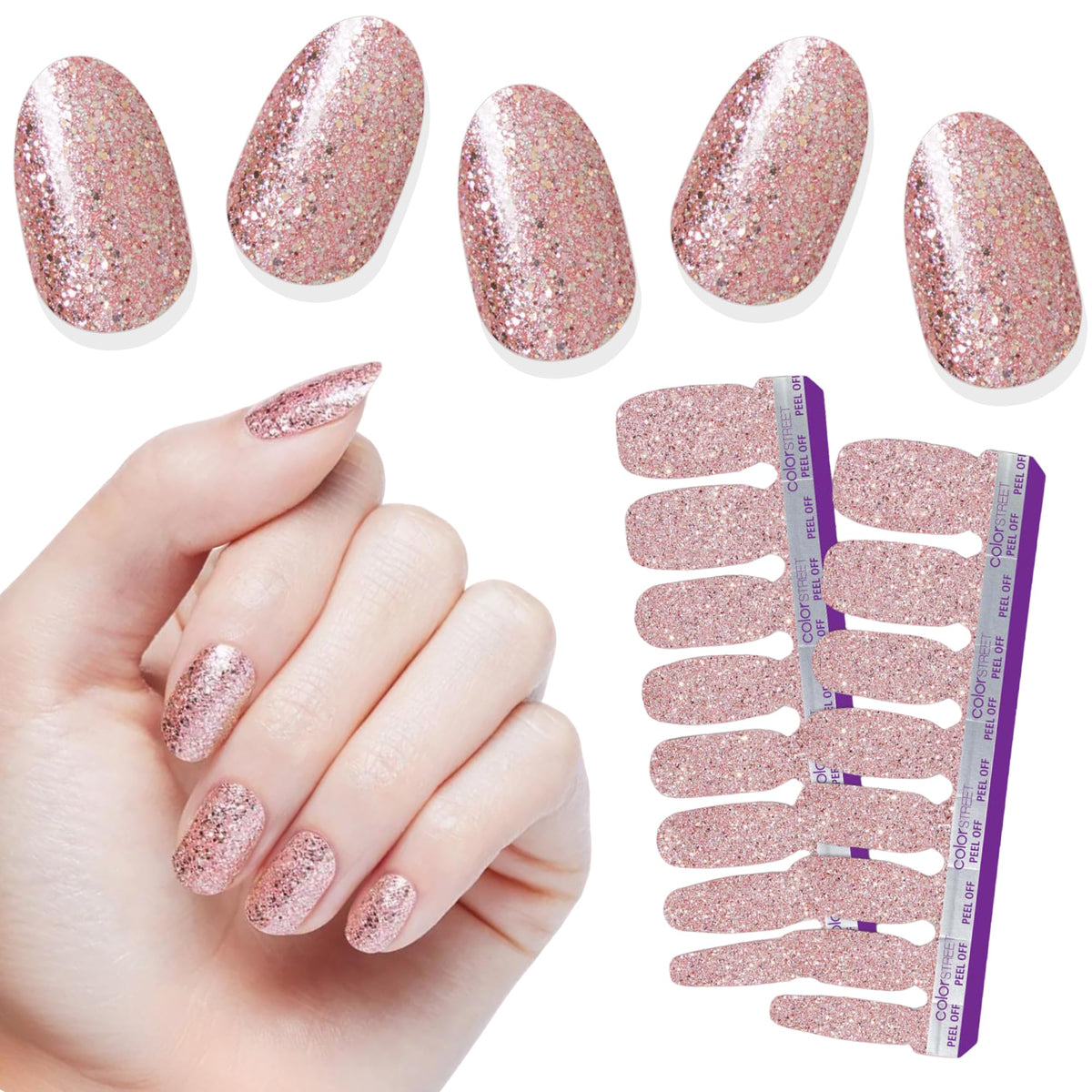 Color Street front packaging showing Social Butterfly rose gold glitter and travel-ready convenience
