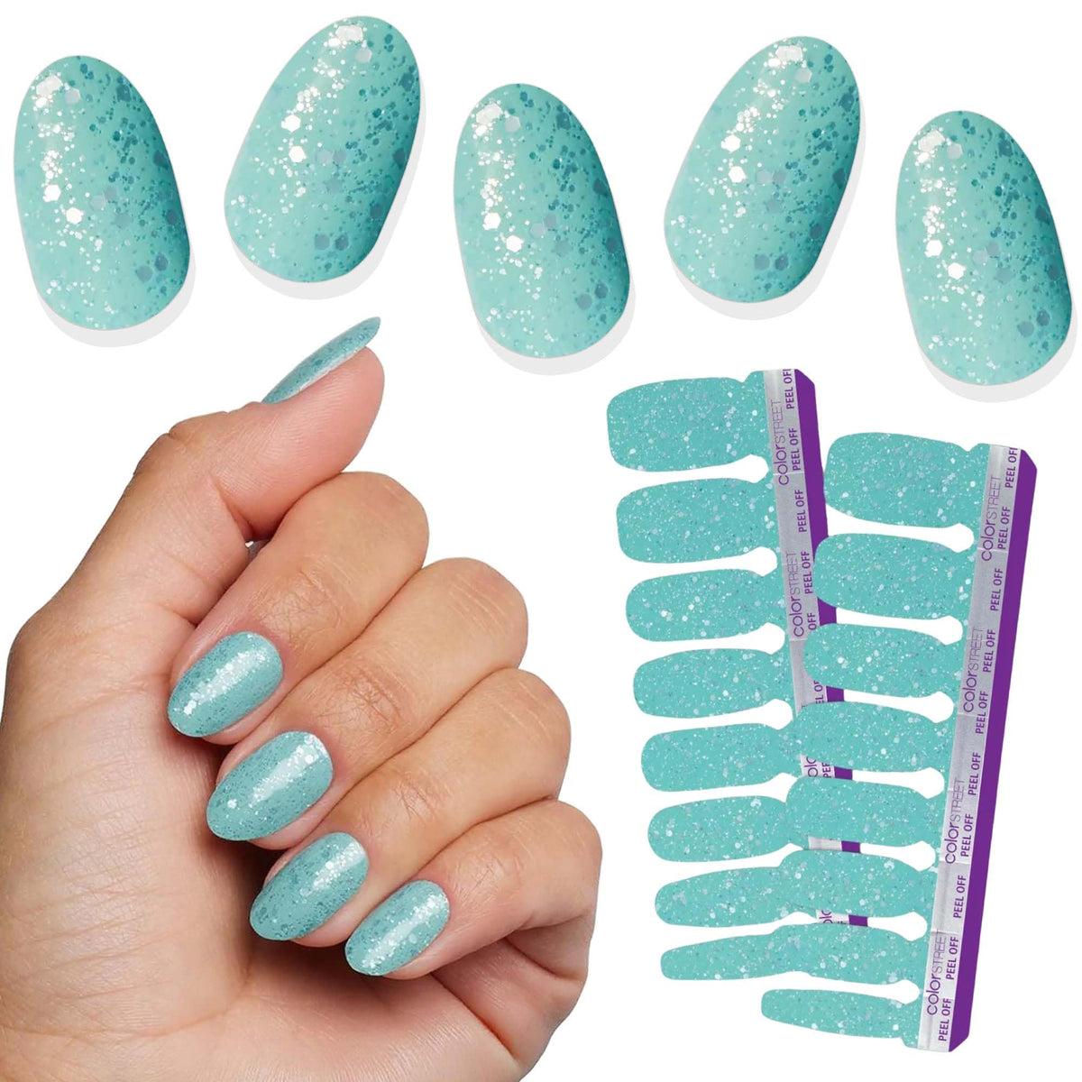 Color Street front packaging showing SPF BFF and bold sea green sparkle benefit