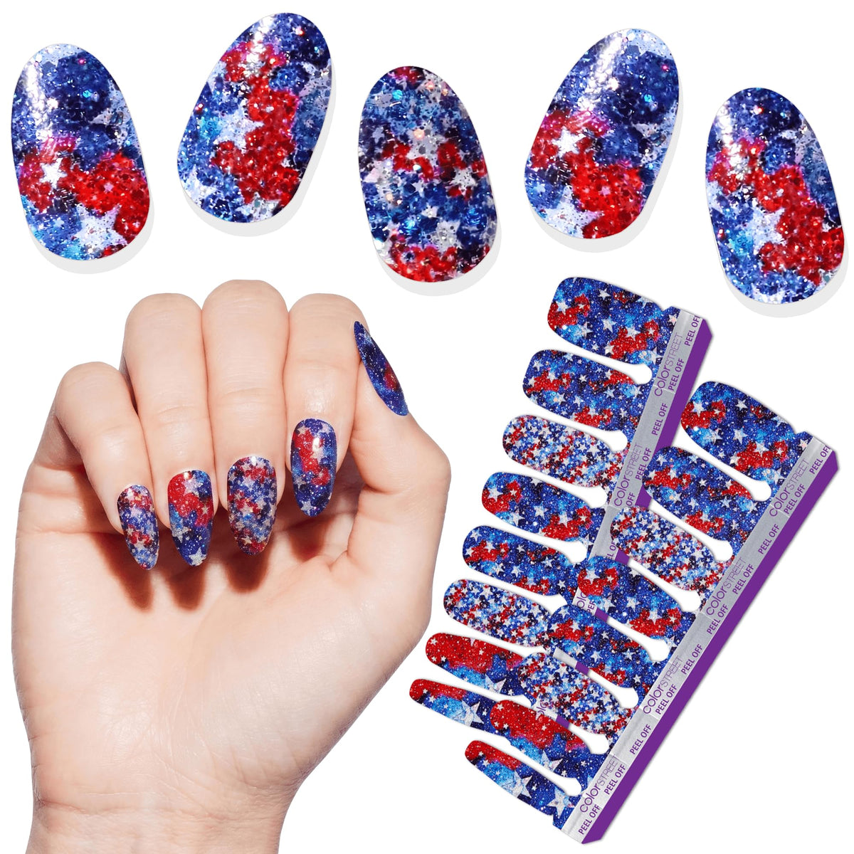 Color Street front packaging showing patriotic starry design and kit contents for quick styling