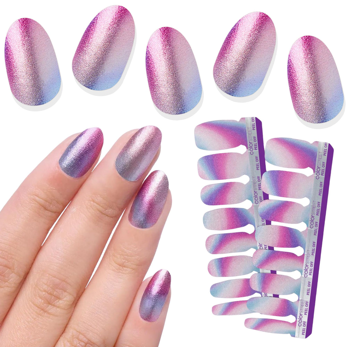 Color Street front packaging showing Wander Luster and benefit of easy salon finish
