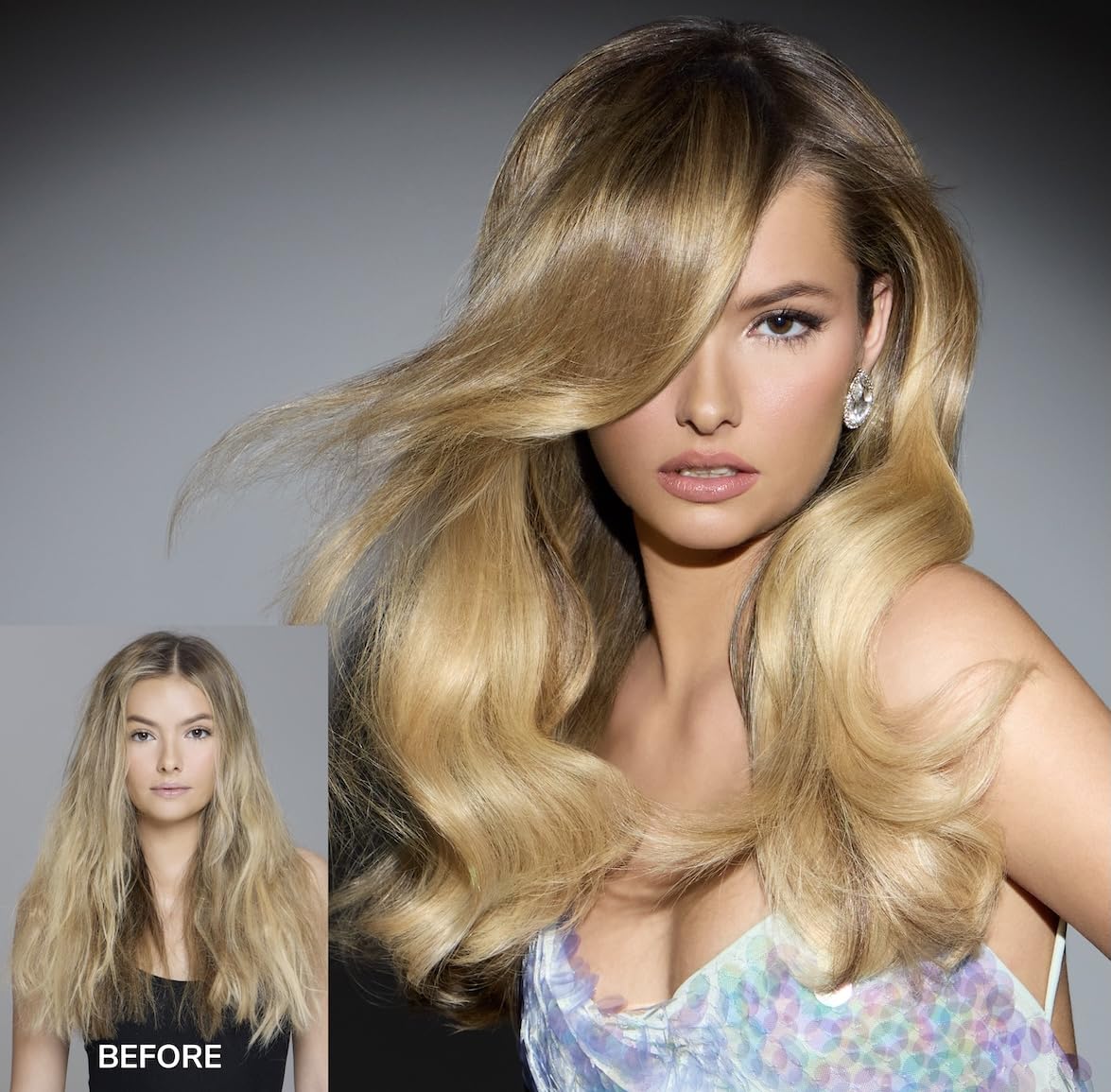 COLOR WOW before-and-after hair showing increased gloss and smoother finish benefit