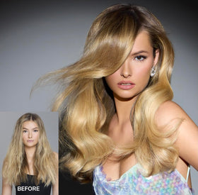 COLOR WOW before-and-after hair showing increased gloss and smoother finish benefit