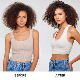 COLOR WOW treated curls in lifestyle shot showing bouncy movement and softness