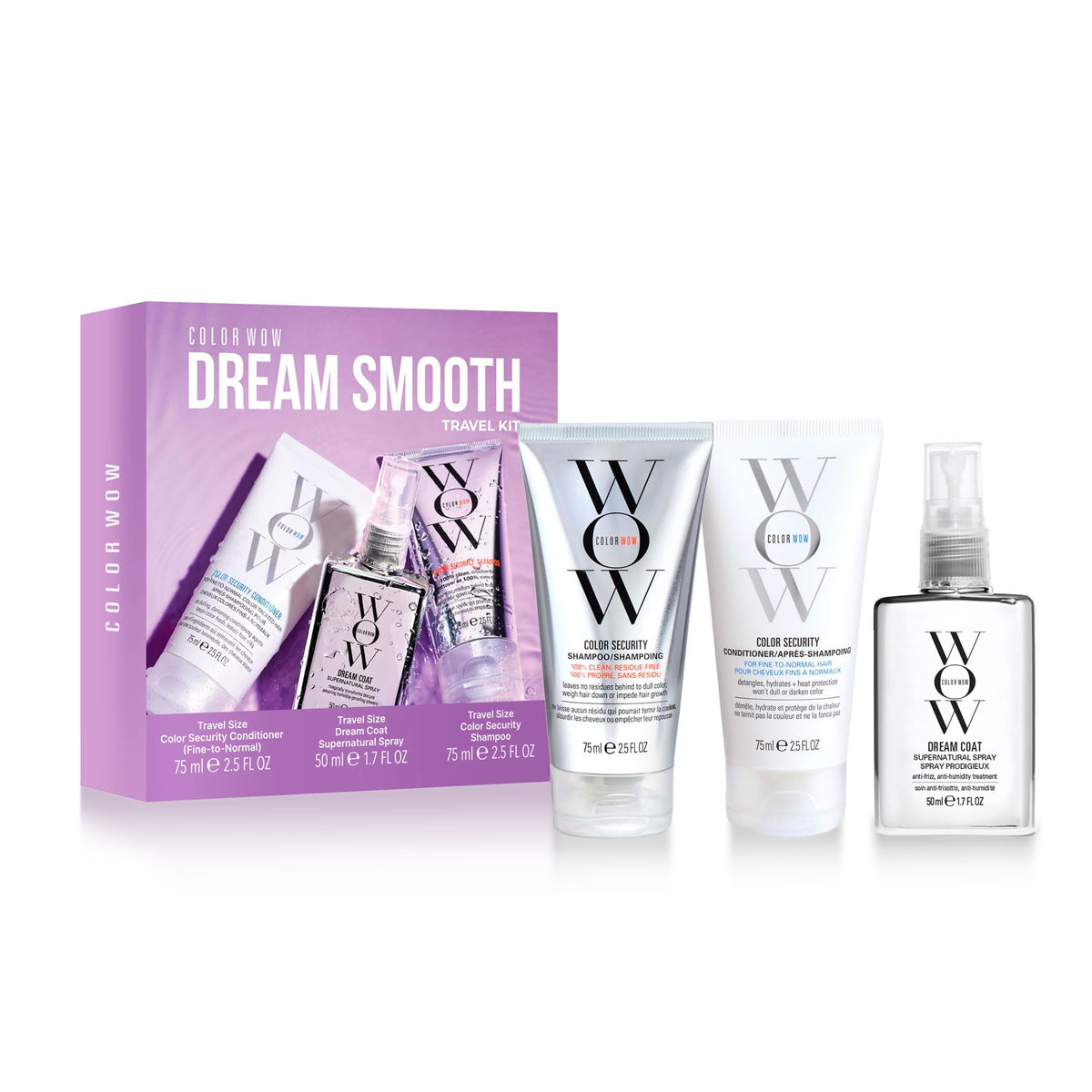 COLOR WOW travel kit front packaging showing compact trio and travel convenience