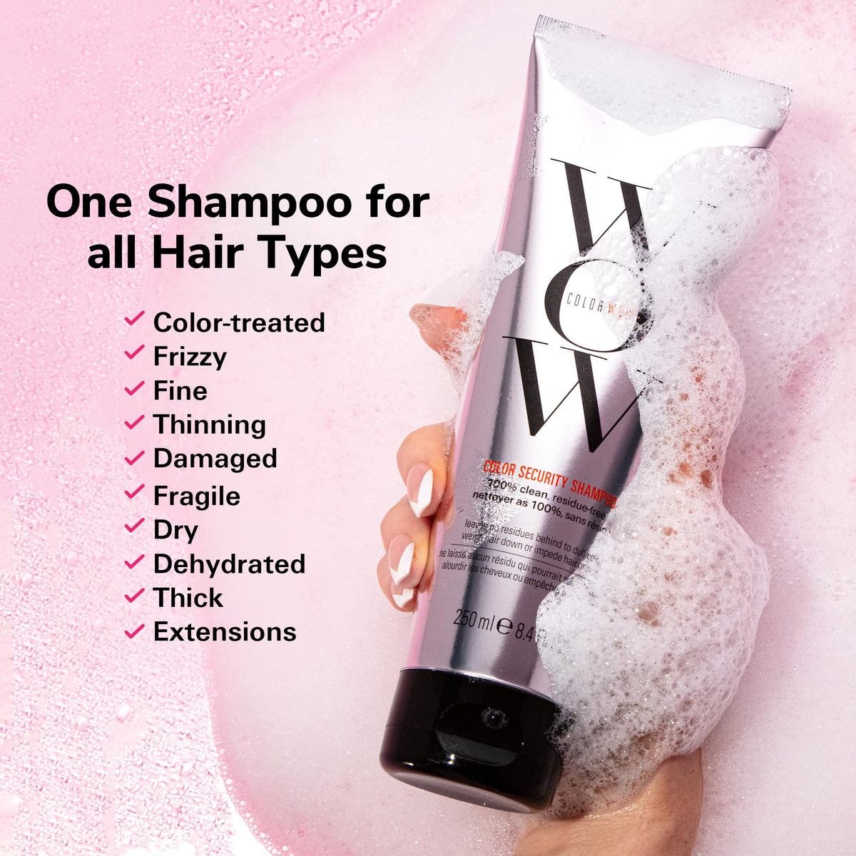 COLOR WOW shampoo lather close-up demonstrating clean no-residue foam