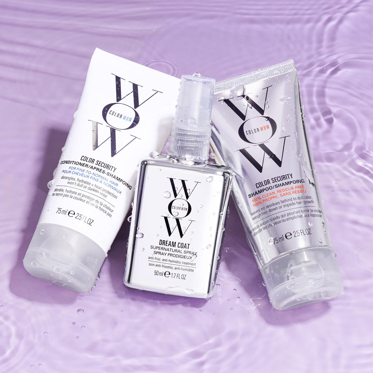 COLOR WOW shampoo and conditioner close-up highlighting labels and lightweight formula