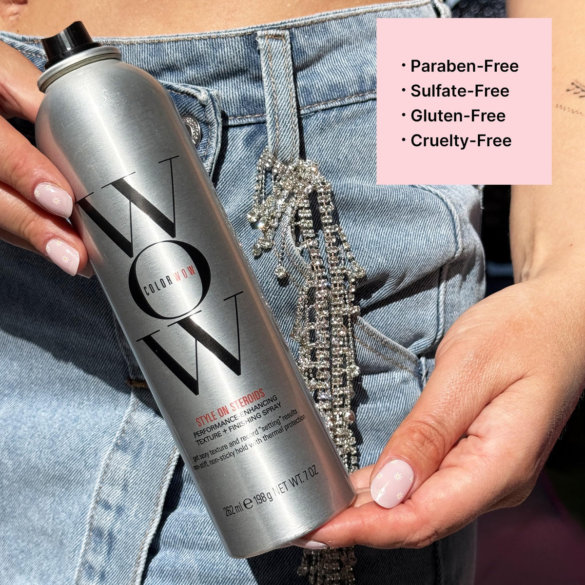 COLOR WOW spray in use with blow dryer offering heat-friendly styling benefit