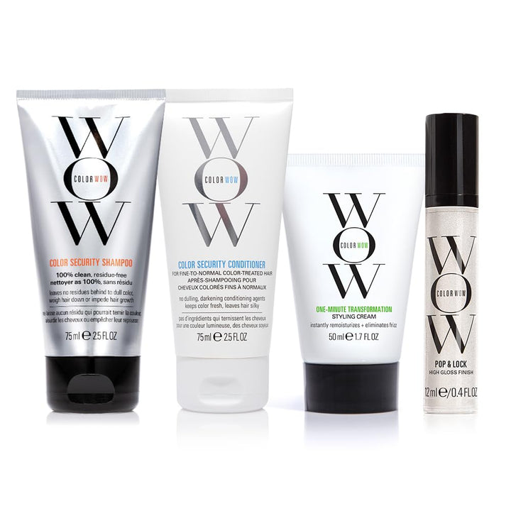 COLOR WOW travel kit front packaging showing contents for portable frizz control
