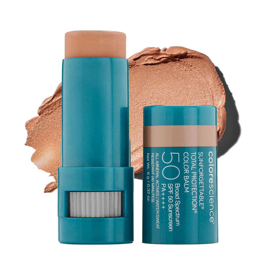 Colorescience balm front packaging showing shade and protection benefits
