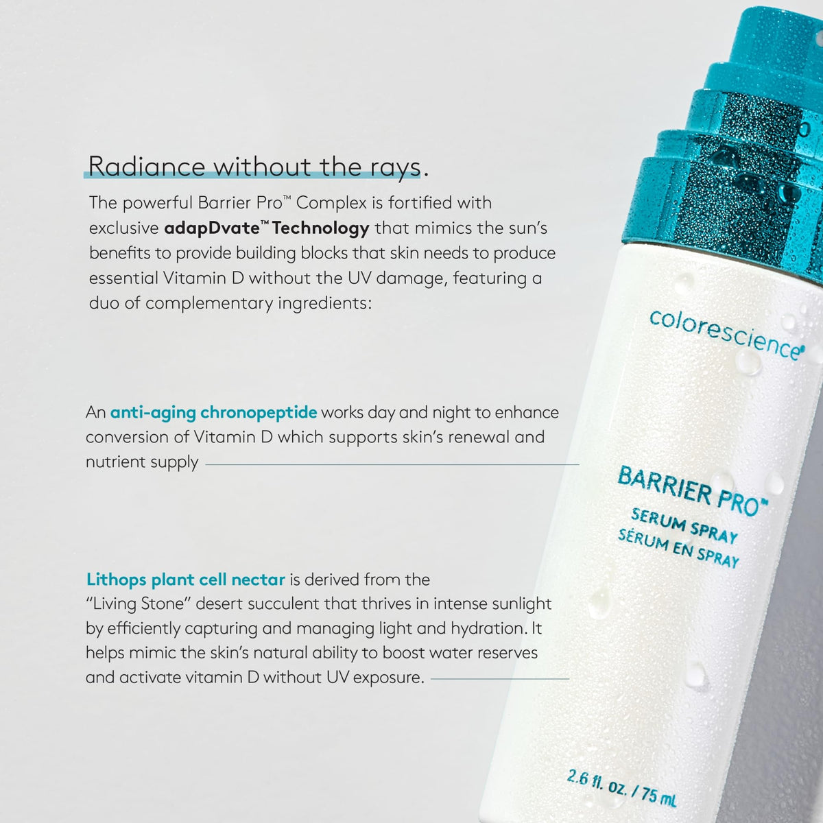 Colorescience texture close-up of serum droplets, shows lightweight non-greasy absorbency benefit