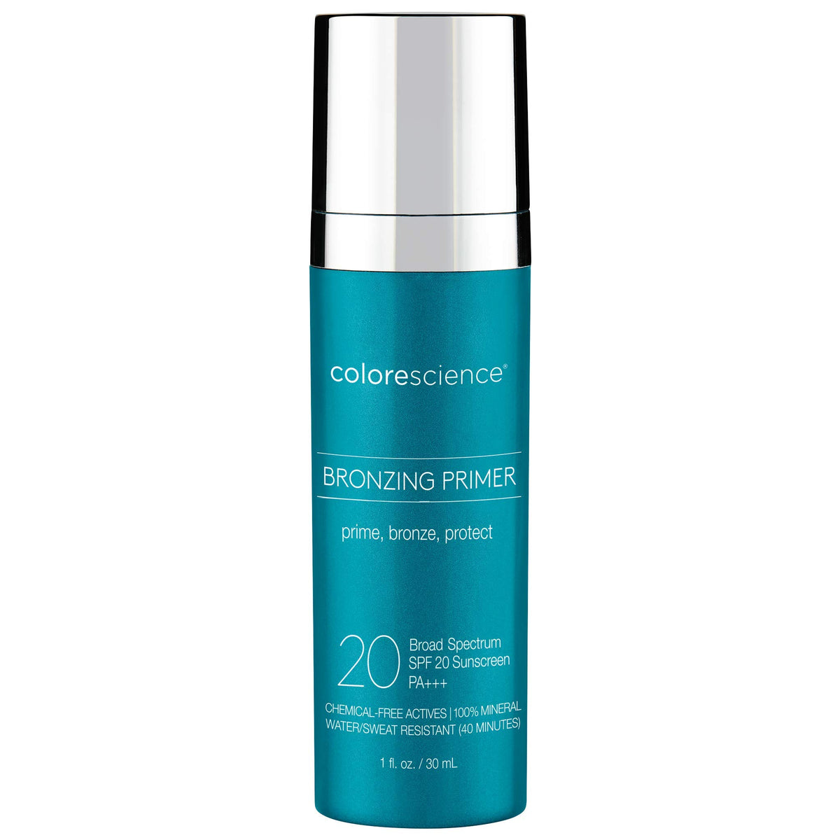 Colorescience bronzing primer front packaging showing SPF and bronzed tint benefit