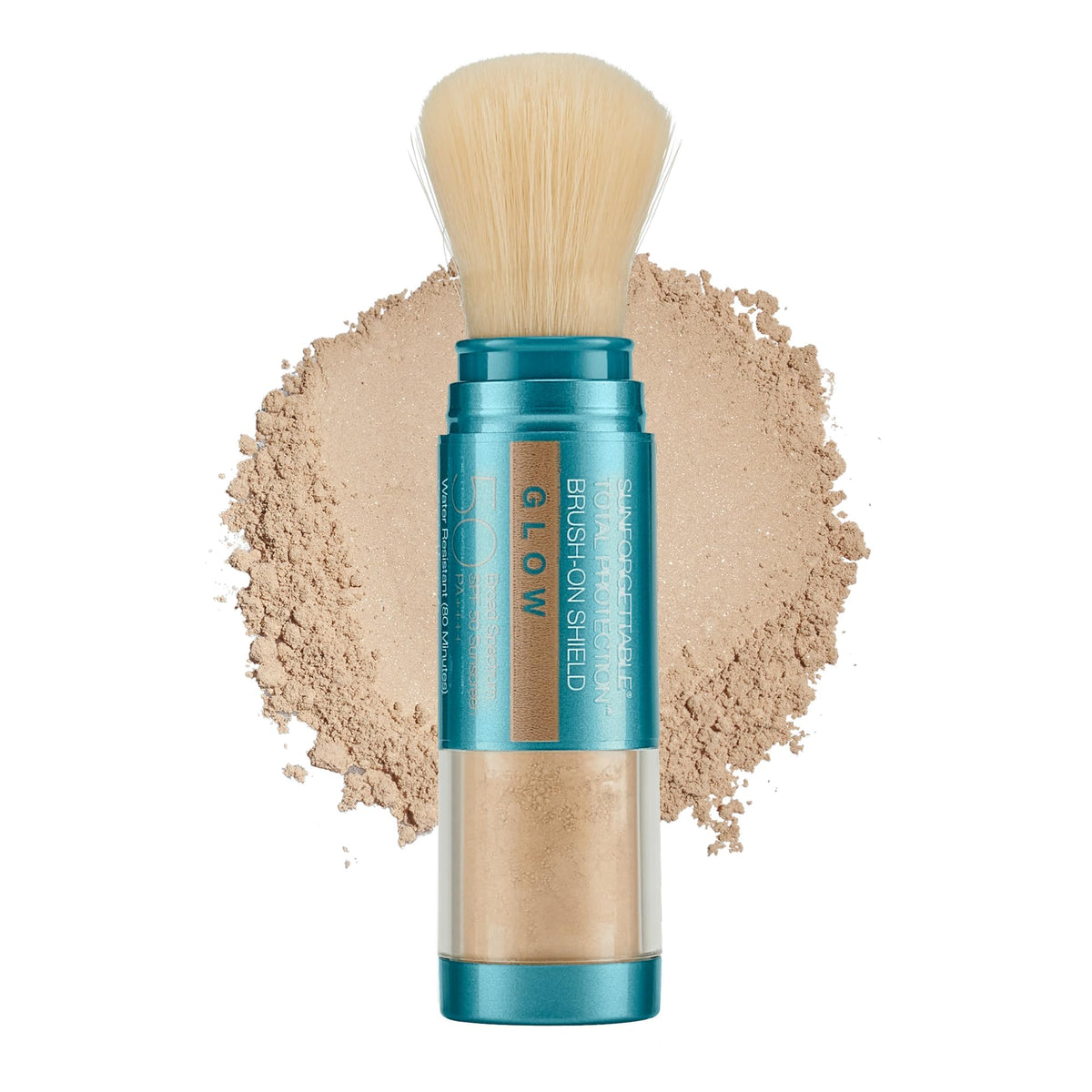 Colorescience brush-on shield glow compact front showing finish and portable protection