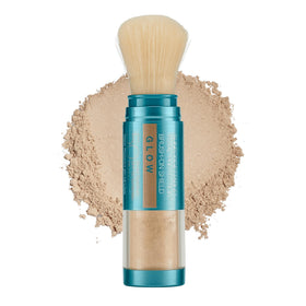 Colorescience brush-on shield glow compact front showing finish and portable protection