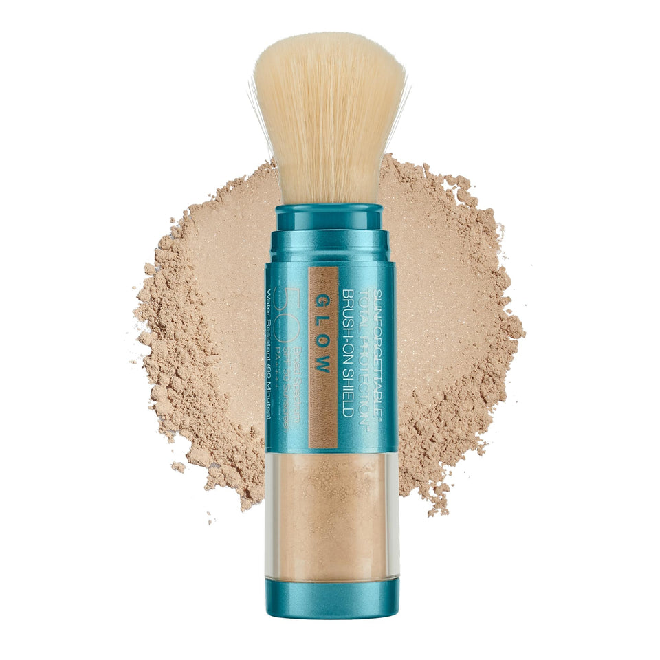 Colorescience brush-on shield glow compact front showing finish and portable protection