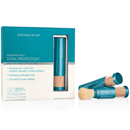 Colorescience front packaging showing medium brush sunscreens and SPF benefits