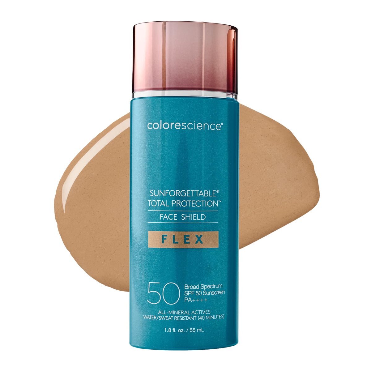 Colorescience Face Shield Flex front tube showing brand and tan shade for daily protection