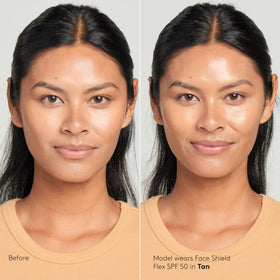 Colorescience Face Shield Flex swatches on arm showing adaptive tan pigmentation and blendability