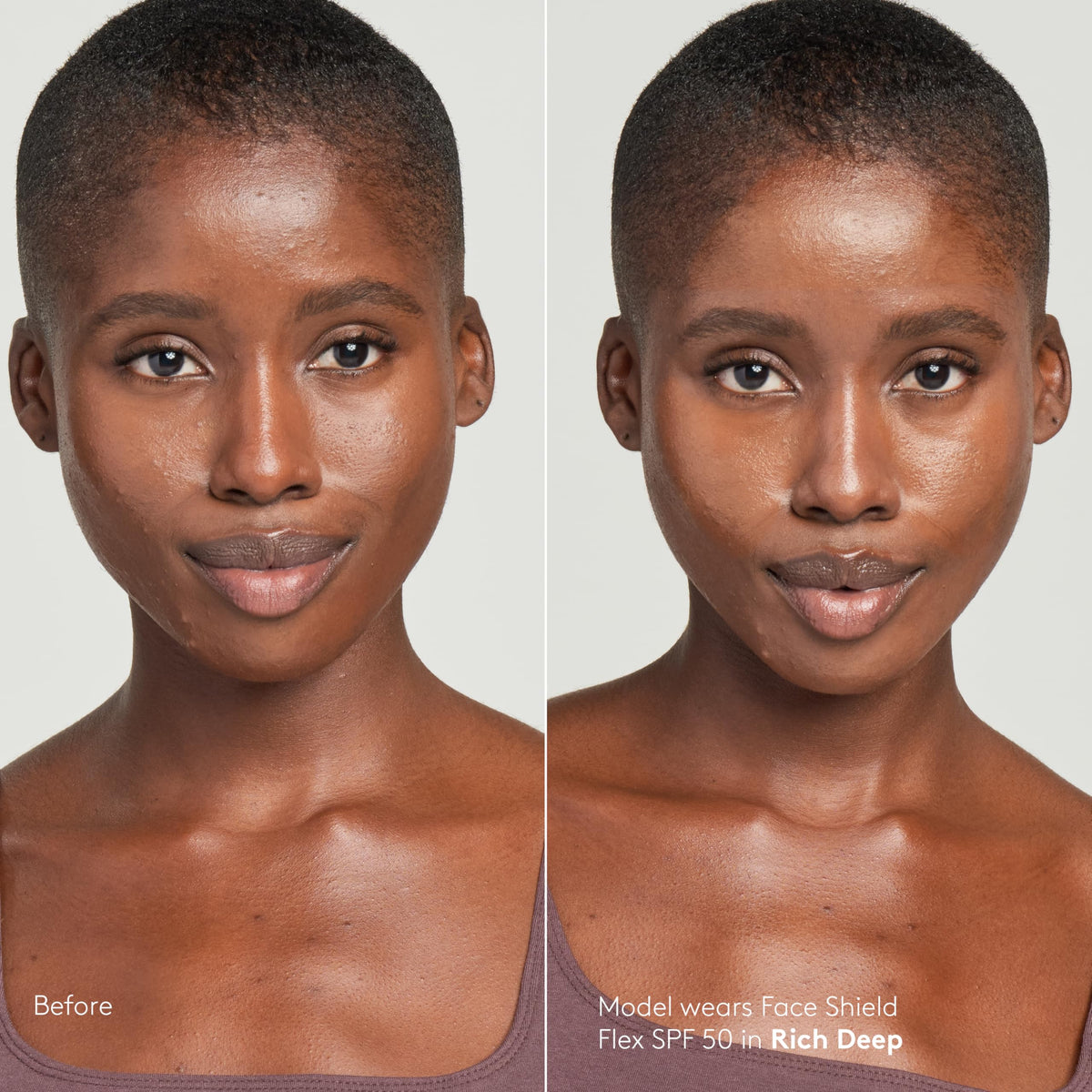 Colorescience FLEX Rich Deep swatch on deeper skin showing tone‑adapting coverage